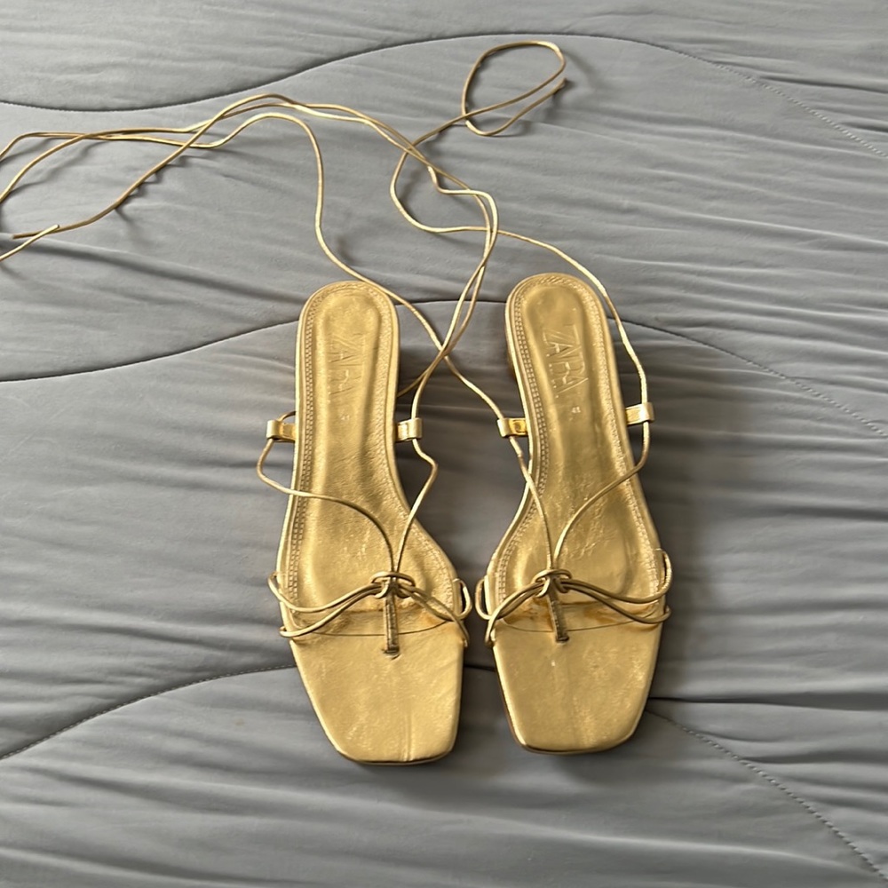 ZARA lace up gold leather dressy sandals.   New never worn